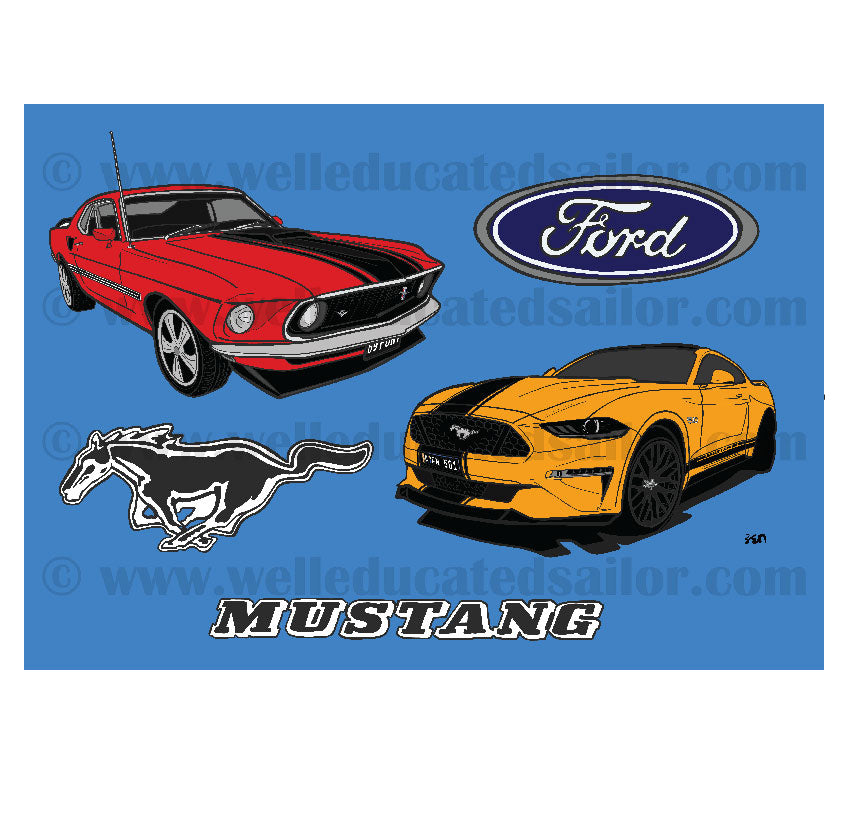Mustang Poster 3 with Blue Background