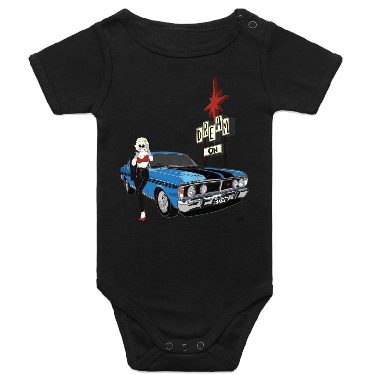 'DREAM ON GTHO' FORD XY FALCON PINUP GIRL BABY ONESIE