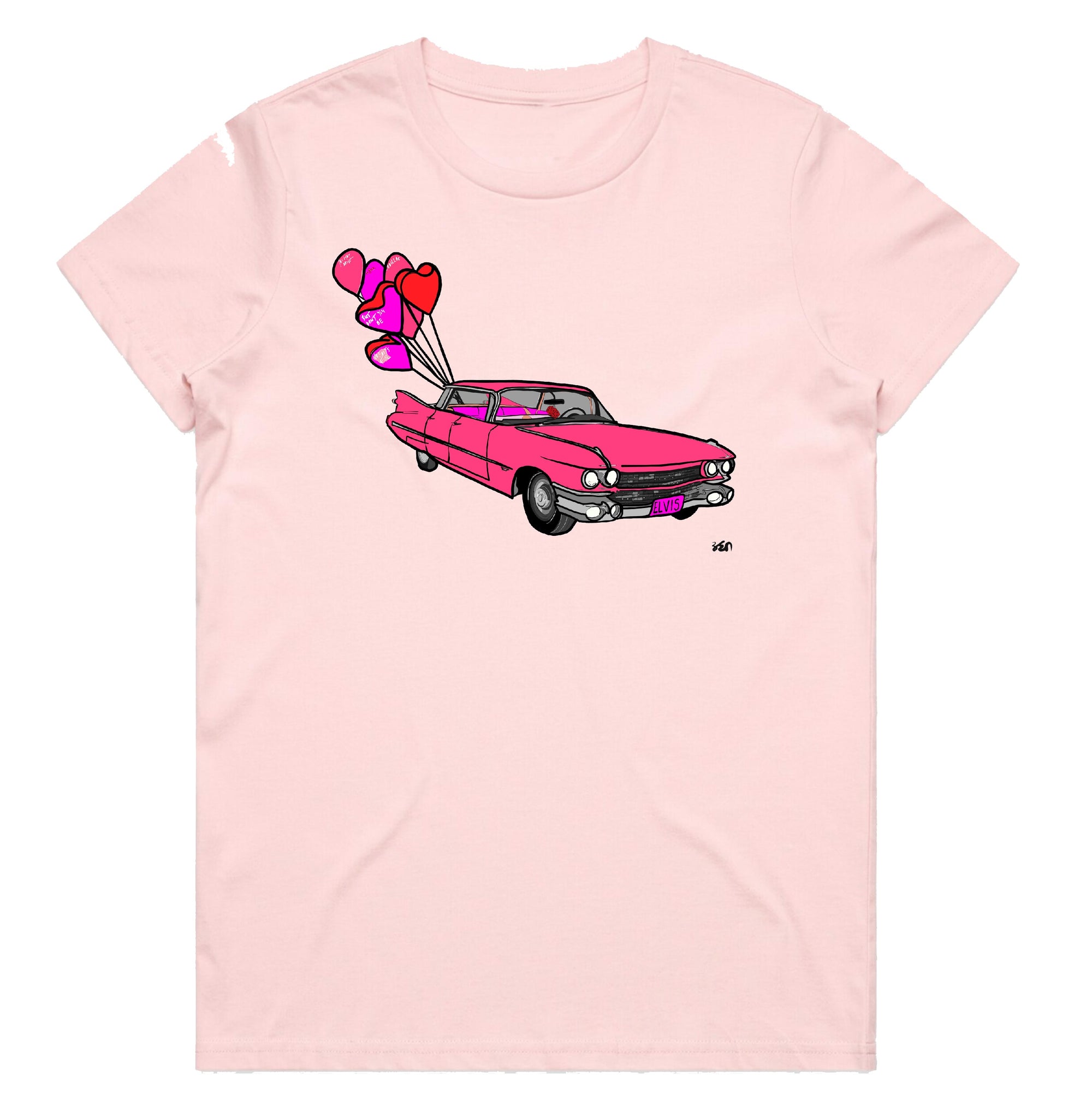 'CANDY PINK CADDY' ELVIS TRIBUTE CADILLAC BALLOONS LADIES TEE
