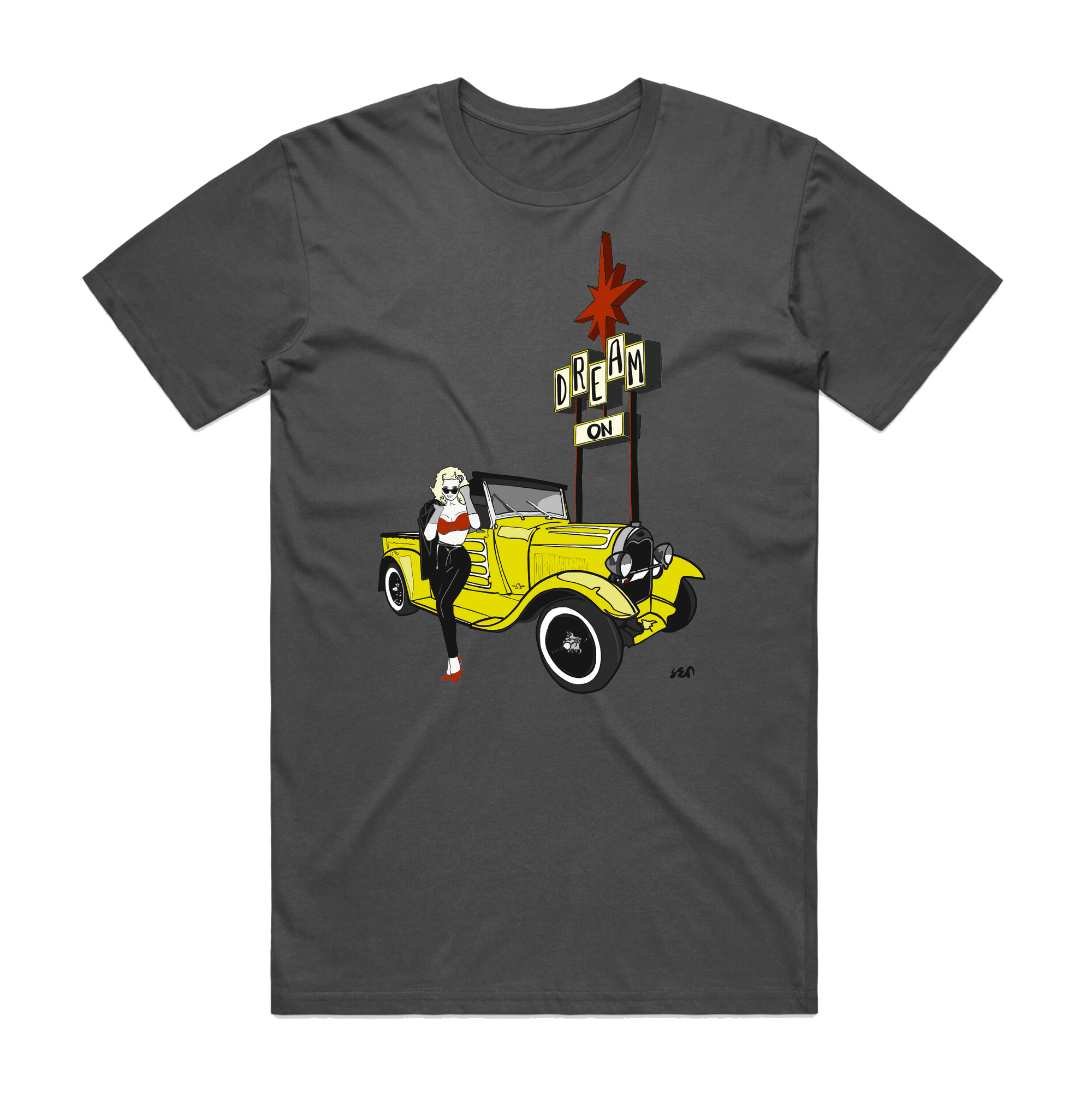 'DREAM ON ROADSTER' 28 FORD PICKUP PINUP SIGN MENS TEE