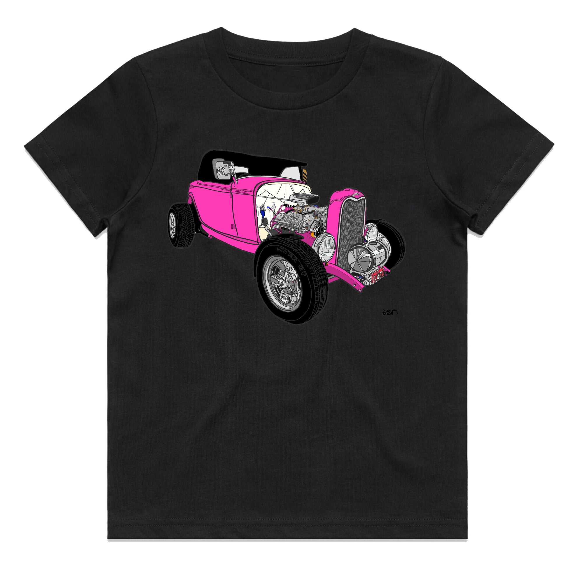 'PINK HOTTY' 32 FORD ROADSTER HOTROD COUPE HOT PINK KIDS TEE