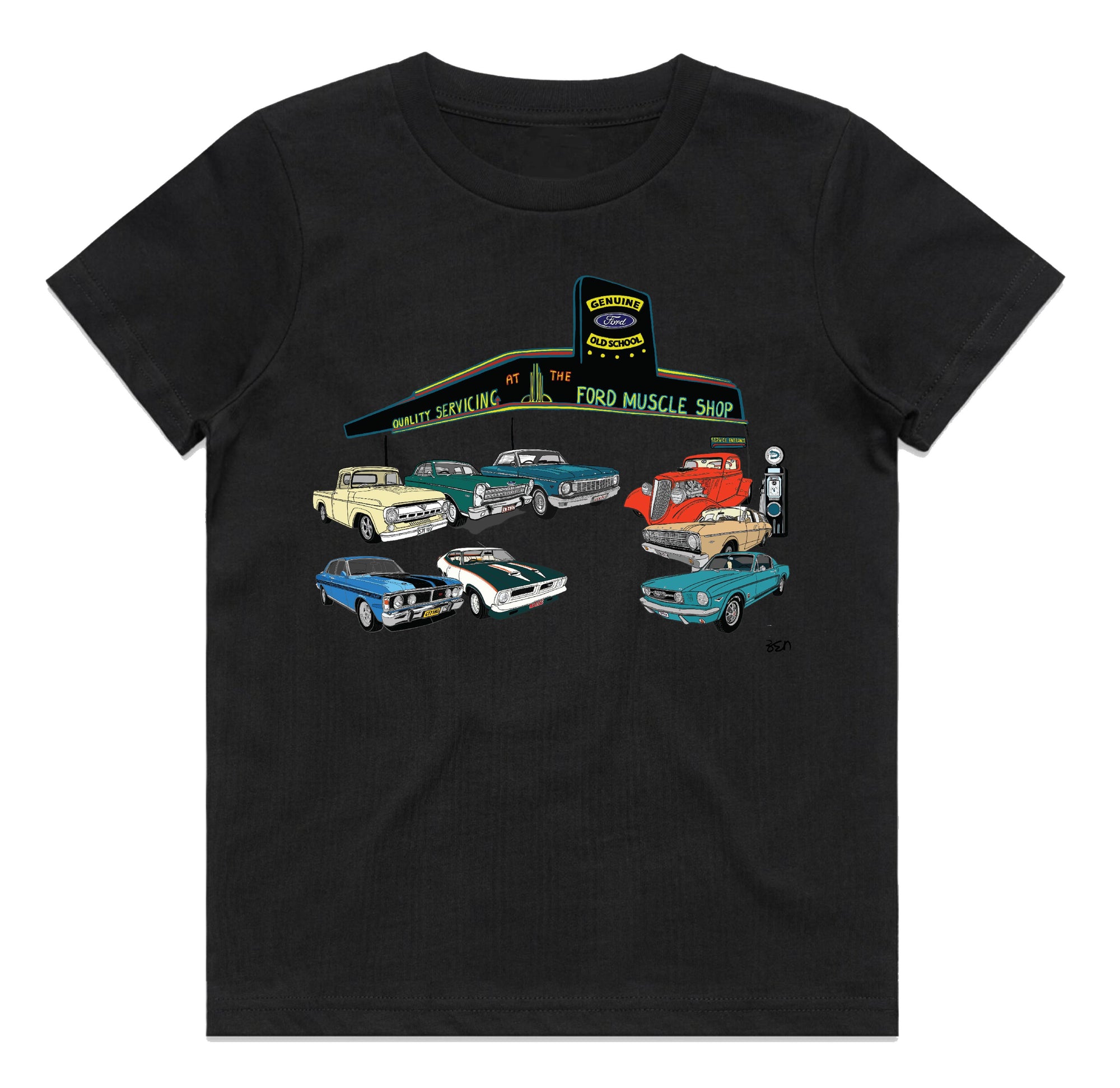 'THE FORD MUSCLE SHOP' OLD SCHOOL GARAGE KIDS TEE