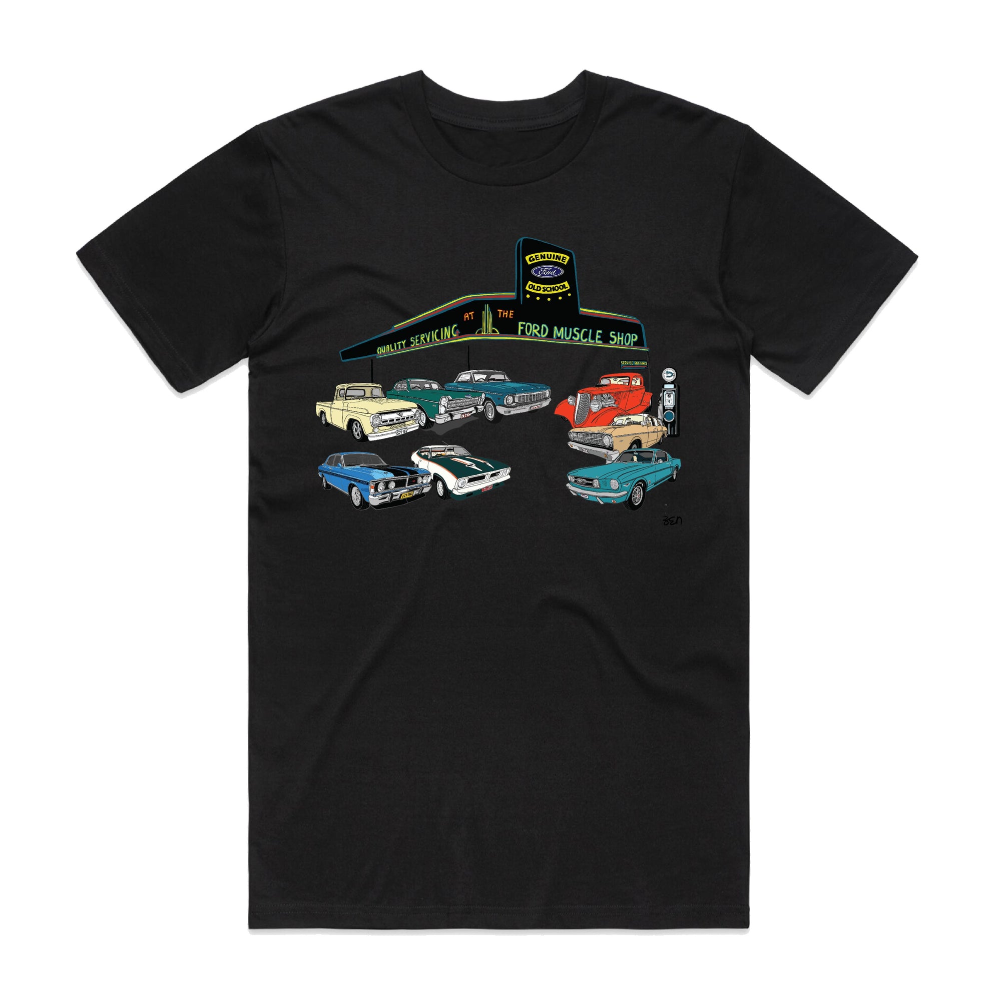 'THE FORD MUSCLE SHOP' OLD SCHOOL GARAGE MENS TEE